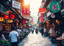 Vista di Chinatown a Kuala Lumpur con bancarelle di cibo