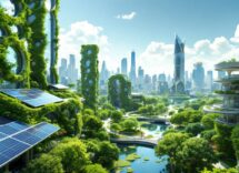 Immagine di una città futuristica con elementi sostenibili