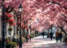 Coppia in bicicletta in una città romantica