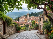 Vista panoramica di Nemi con fragoline di bosco