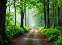 Persone che camminano in un bosco verde e rigoglioso