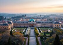 Vista della Reggia di Monza con giardini e architettura storica