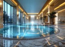 Vista di una spa esclusiva in Lombardia con piscina