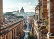 Autobus turistico a Roma con monumenti storici sullo sfondo