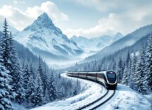Treno che attraversa paesaggi innevati in Lombardia