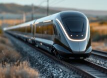 Treno a idrogeno in movimento su un paesaggio italiano