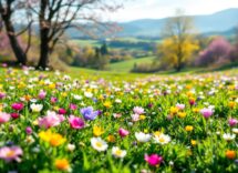 Paesaggio primaverile con fiori e sole