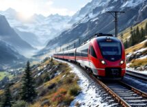 Coppia innamorata in treno circondata da paesaggi mozzafiato