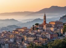 Coppia innamorata in un paesaggio romantico italiano